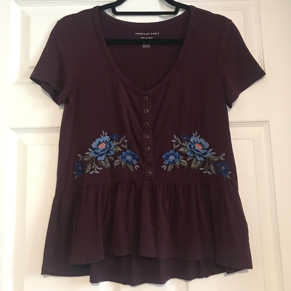 American Eagle Peplum Soft and Sexy Tee with Button and Floral Detail